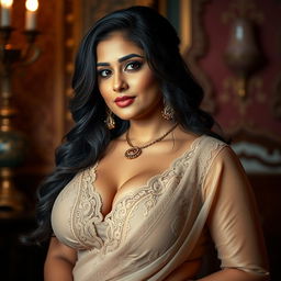 A sexy and voluptuous Indian bhabhi (sister-in-law) elegantly posing in a stylish outfit that gently accentuates her curves, with a hint of allure in her demeanor
