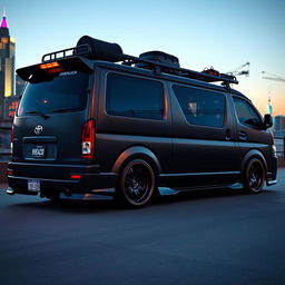 A modified Toyota Hiace 200 van, featuring an aggressive custom bodykit with wide fenders, sporty rims, and a matte black finish