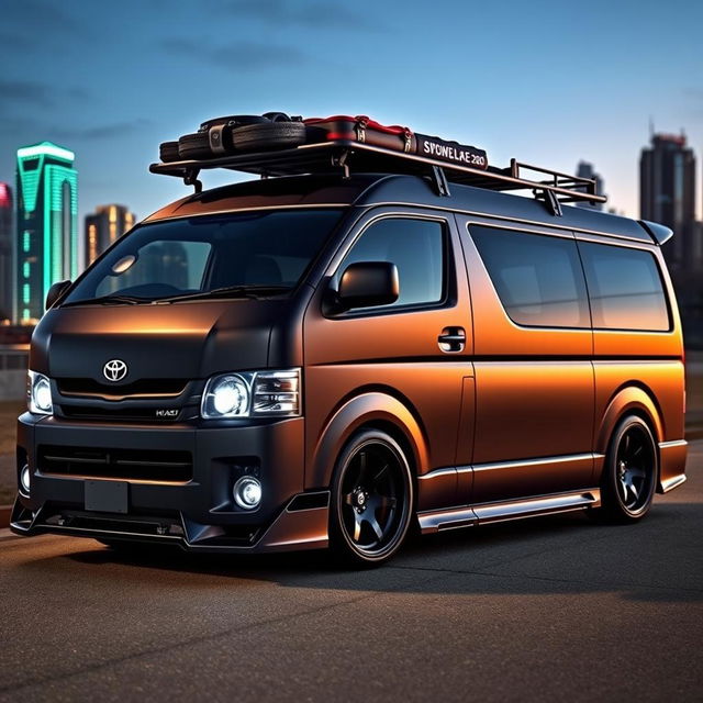 A modified Toyota Hiace 200 van, featuring an aggressive custom bodykit with wide fenders, sporty rims, and a matte black finish