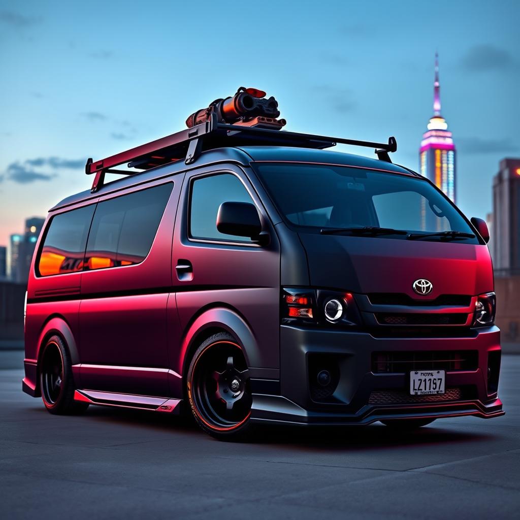 A modified Toyota Hiace 200 van, featuring an aggressive custom bodykit with wide fenders, sporty rims, and a matte black finish