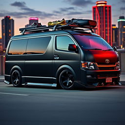 A modified Toyota Hiace 200 van, featuring an aggressive custom bodykit with wide fenders, sporty rims, and a matte black finish