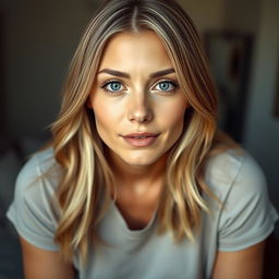 A beautiful woman aged 30-35 with straight or wavy blonde hair and captivating blue or green eyes