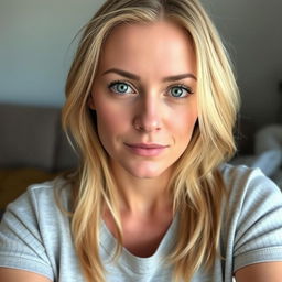A beautiful woman aged 30-35 with straight or wavy blonde hair and captivating blue or green eyes