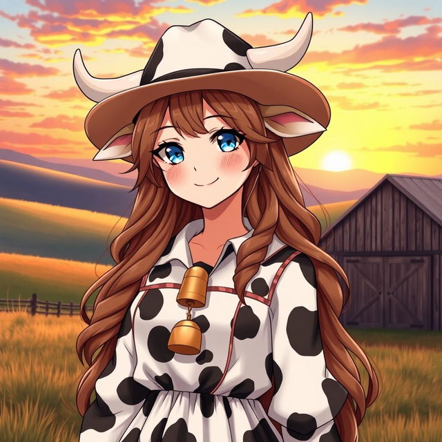 A tall, 16-year-old cowgirl in a human form anime style, featuring distinct cow characteristics