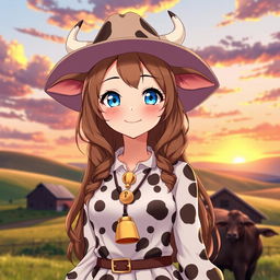 A tall, 16-year-old cowgirl in a human form anime style, featuring distinct cow characteristics
