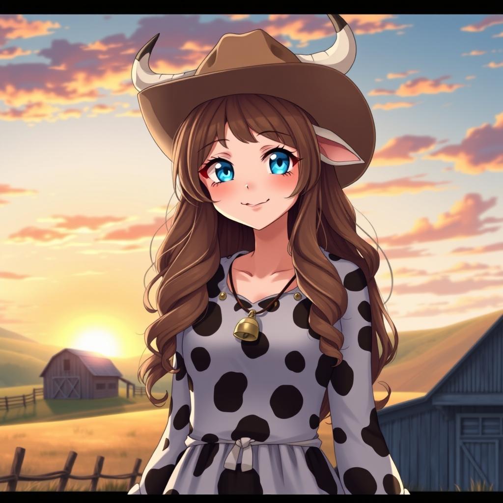 A tall, 16-year-old cowgirl in a human form anime style, featuring distinct cow characteristics