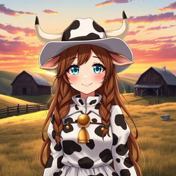 A tall, 16-year-old cowgirl in a human form anime style, featuring distinct cow characteristics