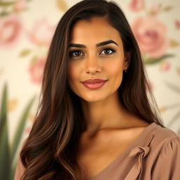 A beautiful Egyptian woman, aged 30-35, with long hair, wearing a blouse without a deep neckline