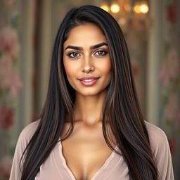 A beautiful Egyptian woman, aged 30-35, with long hair, wearing a blouse without a deep neckline
