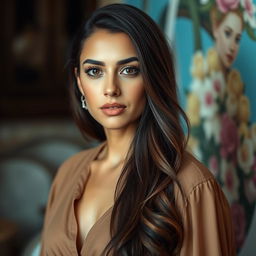 A beautiful Egyptian woman, aged 30-35, with long hair, wearing a blouse without a deep neckline