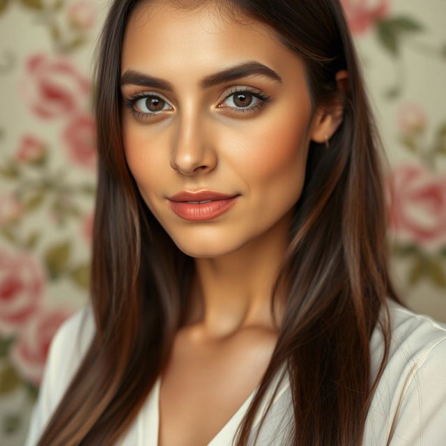 A beautiful Egyptian woman, aged 30-35, with long hair, wearing a blouse without a deep neckline