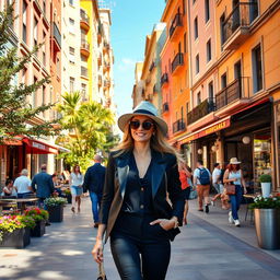 A vibrant cityscape featuring a stylish and confident woman named Sarue strolling through the streets