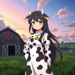 A tall, 16-year-old cowgirl in human form anime style, featuring distinct cow characteristics