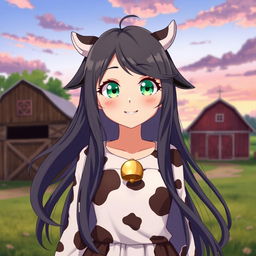 A tall, 16-year-old cowgirl in human form anime style, featuring distinct cow characteristics