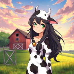 A tall, 16-year-old cowgirl in human form anime style, featuring distinct cow characteristics