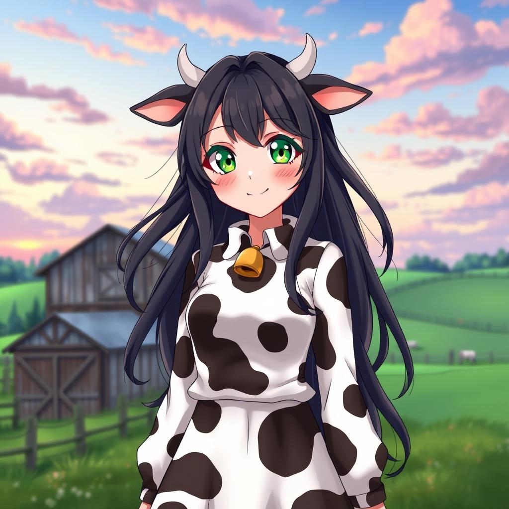 A tall, 16-year-old cowgirl in human form anime style, featuring distinct cow characteristics
