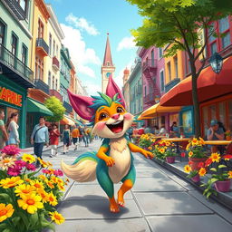 A whimsical scene of a fantastical animal named Sarue joyfully walking through a bustling city