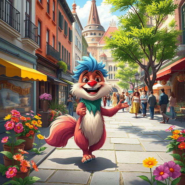 A whimsical scene of a fantastical animal named Sarue joyfully walking through a bustling city