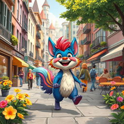 A whimsical scene of a fantastical animal named Sarue joyfully walking through a bustling city