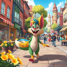 A whimsical scene of a fantastical animal named Sarue joyfully walking through a bustling city