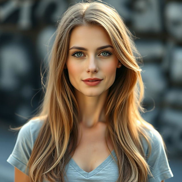 A beautiful European woman aged 30-35 with long hair, wearing a simple t-shirt without any deep neckline