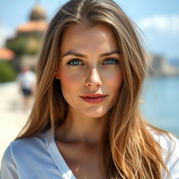 A beautiful European woman aged 30-35 with long hair, wearing a simple t-shirt without any deep neckline