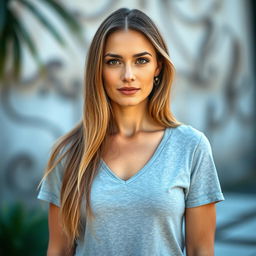 A beautiful European woman aged 30-35 with long hair, wearing a simple t-shirt without any deep neckline