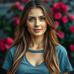 A beautiful European woman aged 30-35 with long hair, wearing a simple t-shirt without any deep neckline