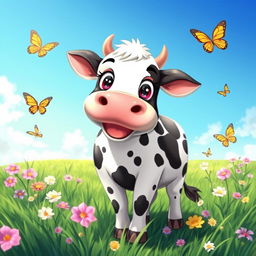 A vibrant and colorful anime-style cow standing in a picturesque grassy meadow under a bright blue sky