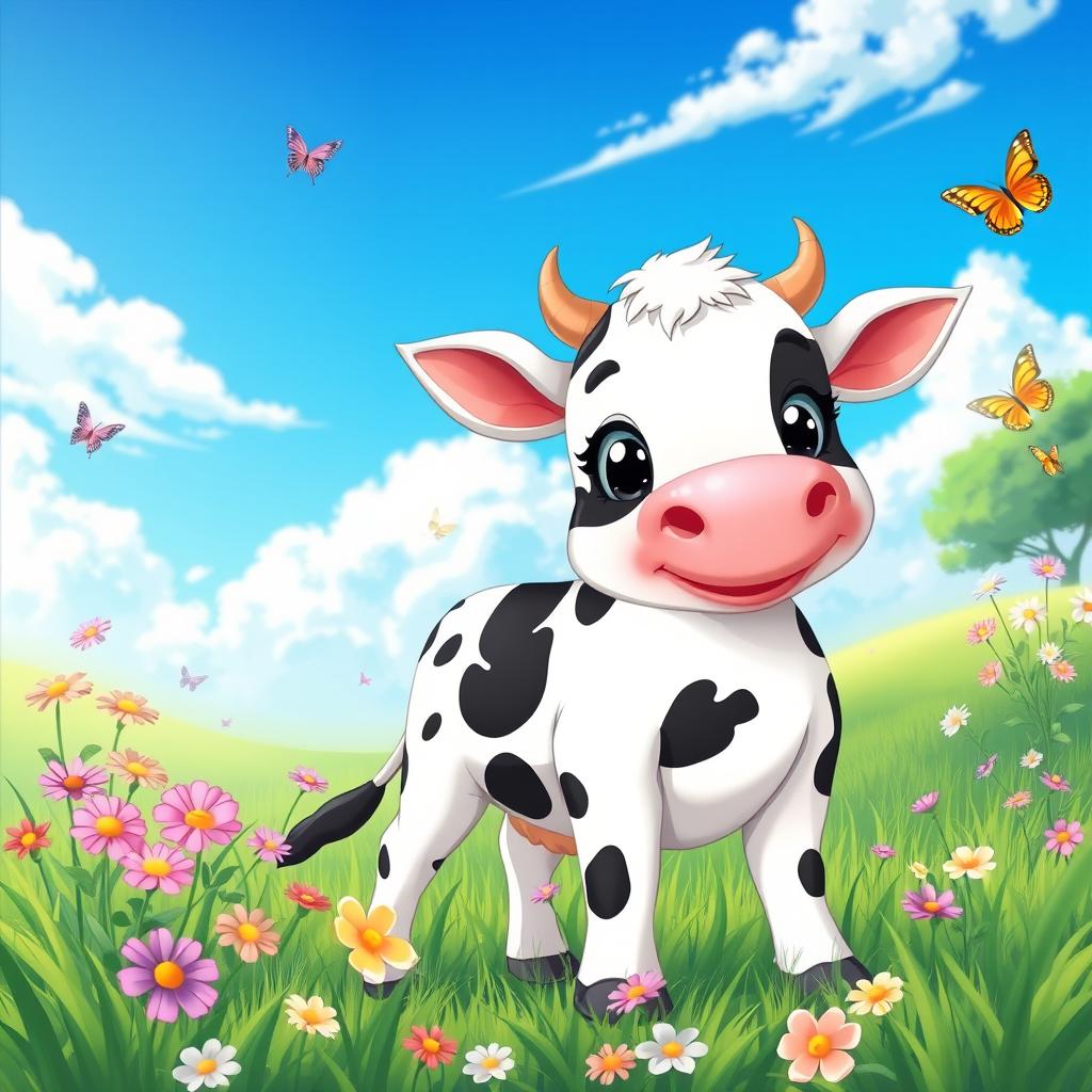 A vibrant and colorful anime-style cow standing in a picturesque grassy meadow under a bright blue sky