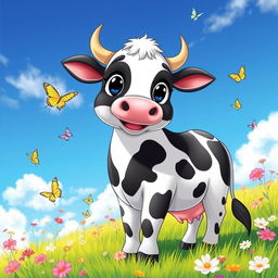 A vibrant and colorful anime-style cow standing in a picturesque grassy meadow under a bright blue sky