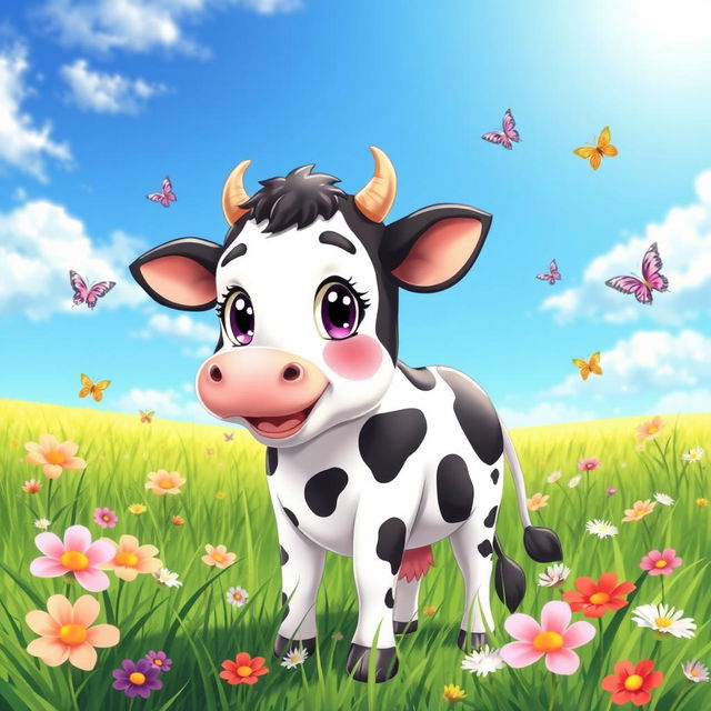 A vibrant and colorful anime-style cow standing in a picturesque grassy meadow under a bright blue sky