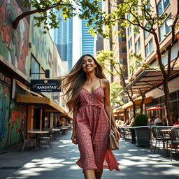 A beautiful woman with long, flowing hair, dressed in a stylish summer dress, walking gracefully through a vibrant urban city