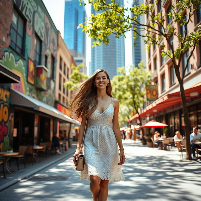 A beautiful woman with long, flowing hair, dressed in a stylish summer dress, walking gracefully through a vibrant urban city