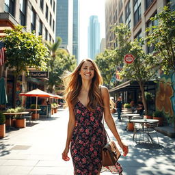 A beautiful woman with long, flowing hair, dressed in a stylish summer dress, walking gracefully through a vibrant urban city