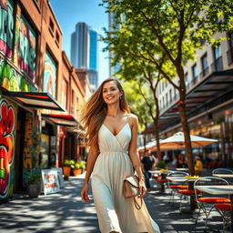 A beautiful woman with long, flowing hair, dressed in a stylish summer dress, walking gracefully through a vibrant urban city