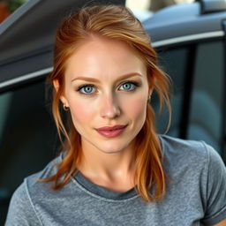 A woman aged 30-35 with European features, featuring fair skin and either light or red hair
