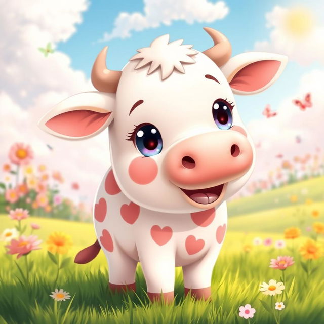 A super cute anime-style cow with big, sparkling eyes and a playful smile, standing in a lush green pasture