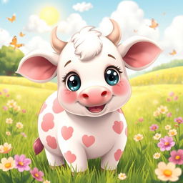 A super cute anime-style cow with big, sparkling eyes and a playful smile, standing in a lush green pasture