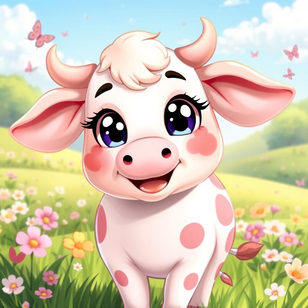 A super cute anime-style cow with big, sparkling eyes and a playful smile, standing in a lush green pasture