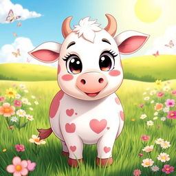 A super cute anime-style cow with big, sparkling eyes and a playful smile, standing in a lush green pasture