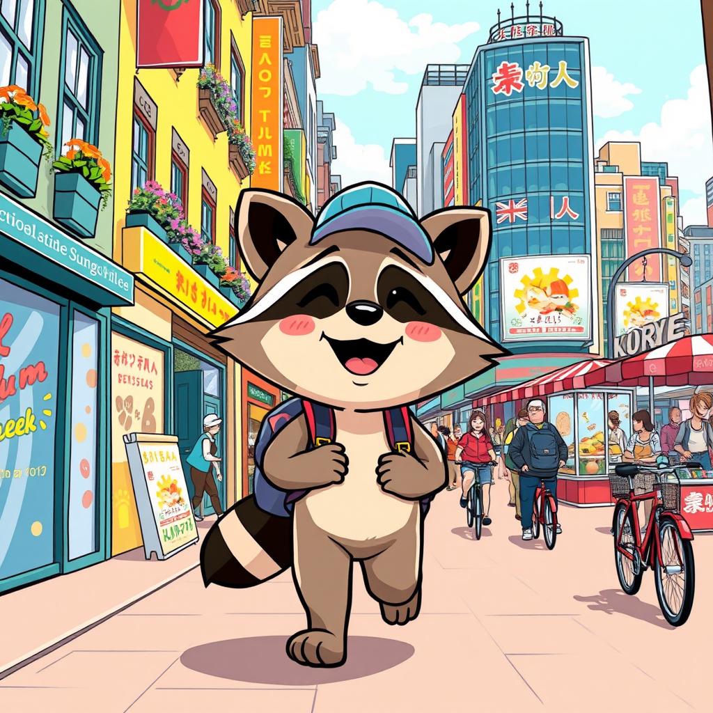 A whimsical and colorful illustration of a cartoonish animal character, resembling a raccoon, joyfully walking through a bustling city