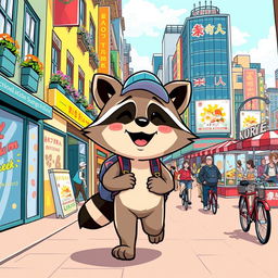 A whimsical and colorful illustration of a cartoonish animal character, resembling a raccoon, joyfully walking through a bustling city