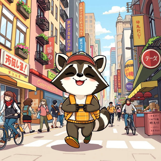 A whimsical and colorful illustration of a cartoonish animal character, resembling a raccoon, joyfully walking through a bustling city