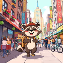 A whimsical and colorful illustration of a cartoonish animal character, resembling a raccoon, joyfully walking through a bustling city