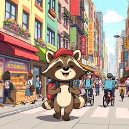 A whimsical and colorful illustration of a cartoonish animal character, resembling a raccoon, joyfully walking through a bustling city
