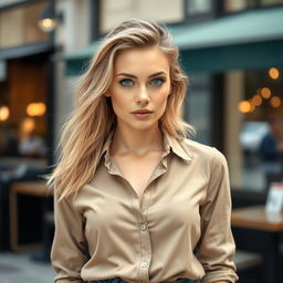A woman aged 25-30 with European features, characterized by fair skin, light hair, and striking blue eyes
