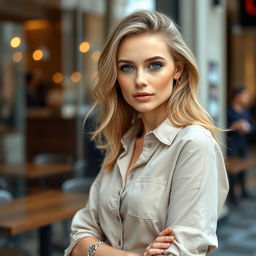A woman aged 25-30 with European features, characterized by fair skin, light hair, and striking blue eyes