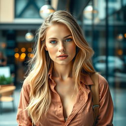 A woman aged 30-35 with European features, exhibiting fair skin, light hair, and beautiful blue eyes