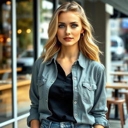 A woman aged 30-35 with European features, exhibiting fair skin, light hair, and beautiful blue eyes